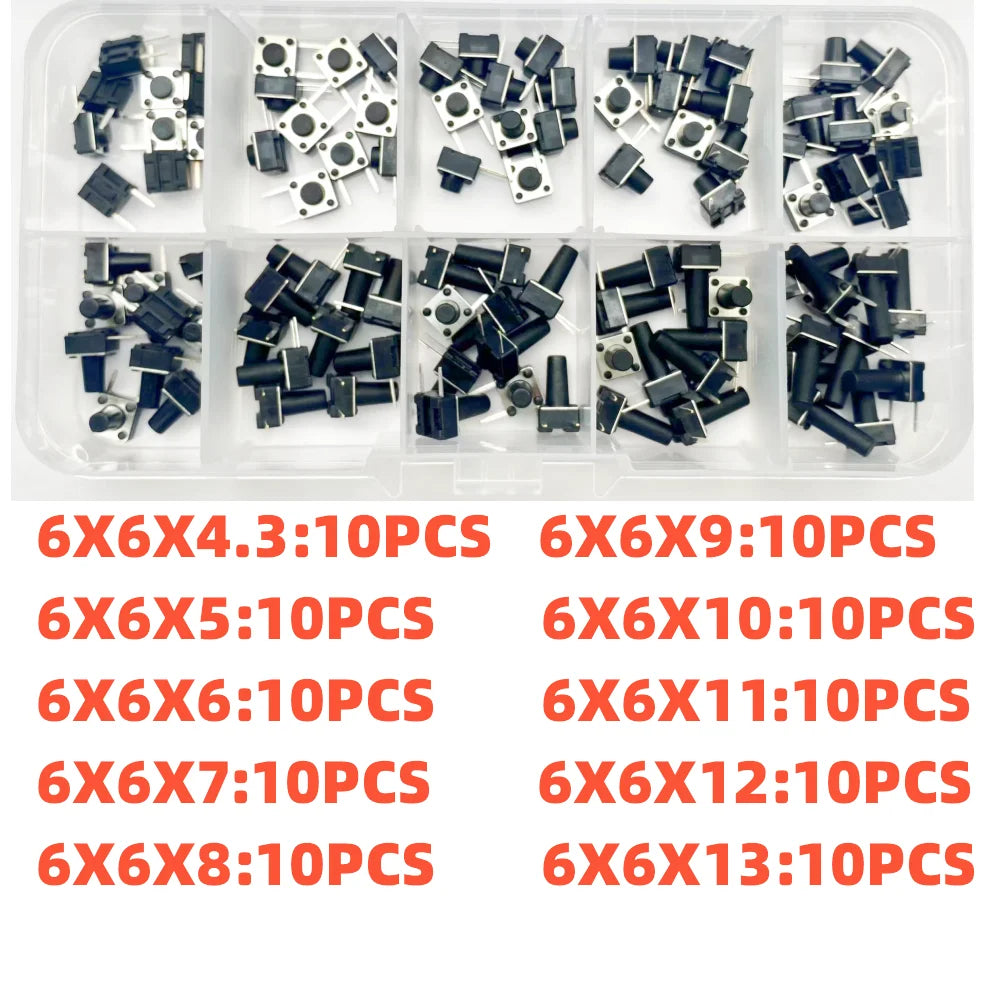 10 Models =100Pcs 6*6 Light Micro Touch Switch Set Push Button Switch Kit Height: 6*6*4.3MM~13MM  DIP SMD 2P/4P 6x6 Keys Tact
