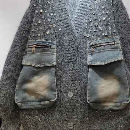 DEAT Women's Cardigan V-neck Patchwork Denim Pockets Diamonds Loose Long Sleeve Knitted Sweaters 2026 New Autumn Fashion 29A3243
