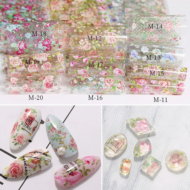 New Flower Nail Foils for Transfer Paper Stickers Floral Adhesive Fruit Nails Wraps Fish DIY Water Marble Nail Art Decorations