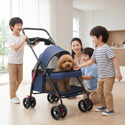 Pet Stroller with Storage Basket 4-Wheel Foldable Pet Stroller Collapsible Breathable for Small Dogs, Outdoor Walks, Travel