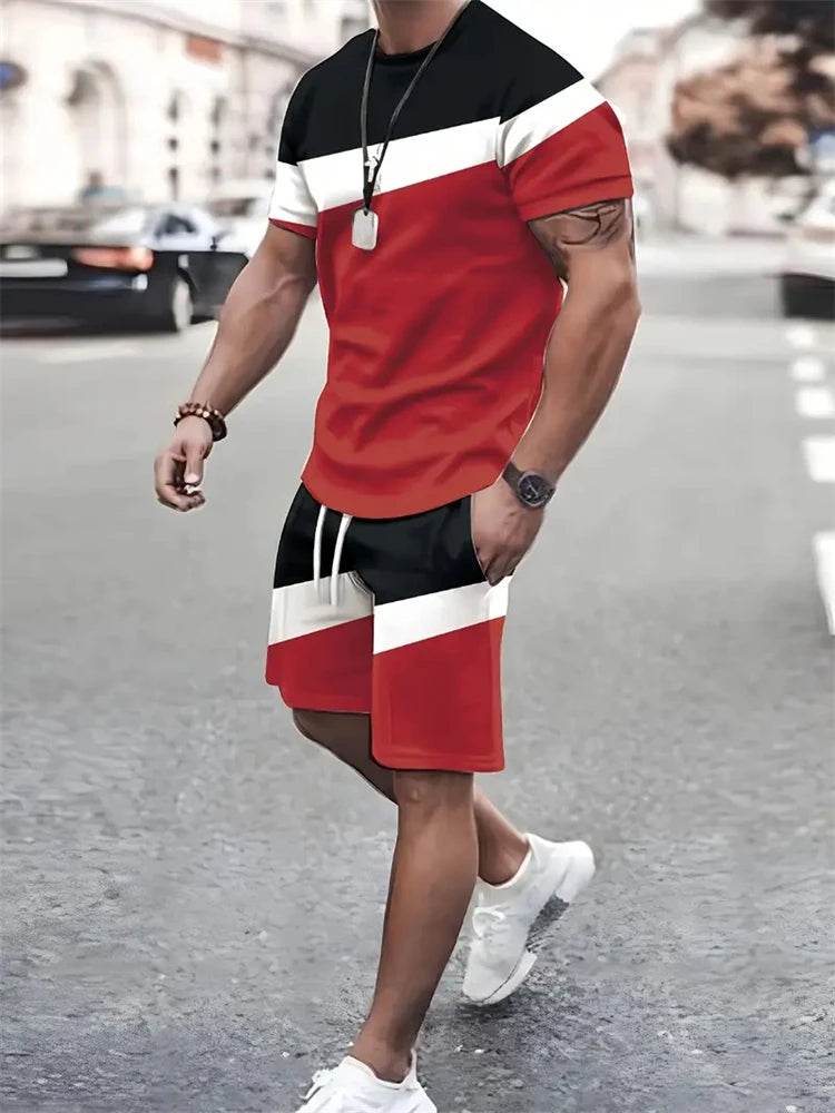 Summer Men's Stripe Print Short Sleeve Tee Elastic waist Shorts 2 Pieces Set Plus Size Loose O-Neck T-shirt Pockets Shorts Set