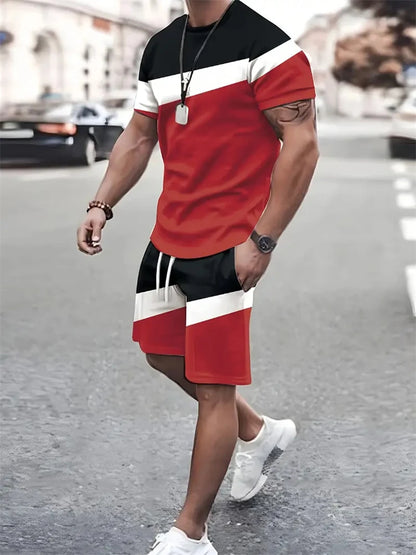 Summer Men's Stripe Print Short Sleeve Tee Elastic waist Shorts 2 Pieces Set Plus Size Loose O-Neck T-shirt Pockets Shorts Set