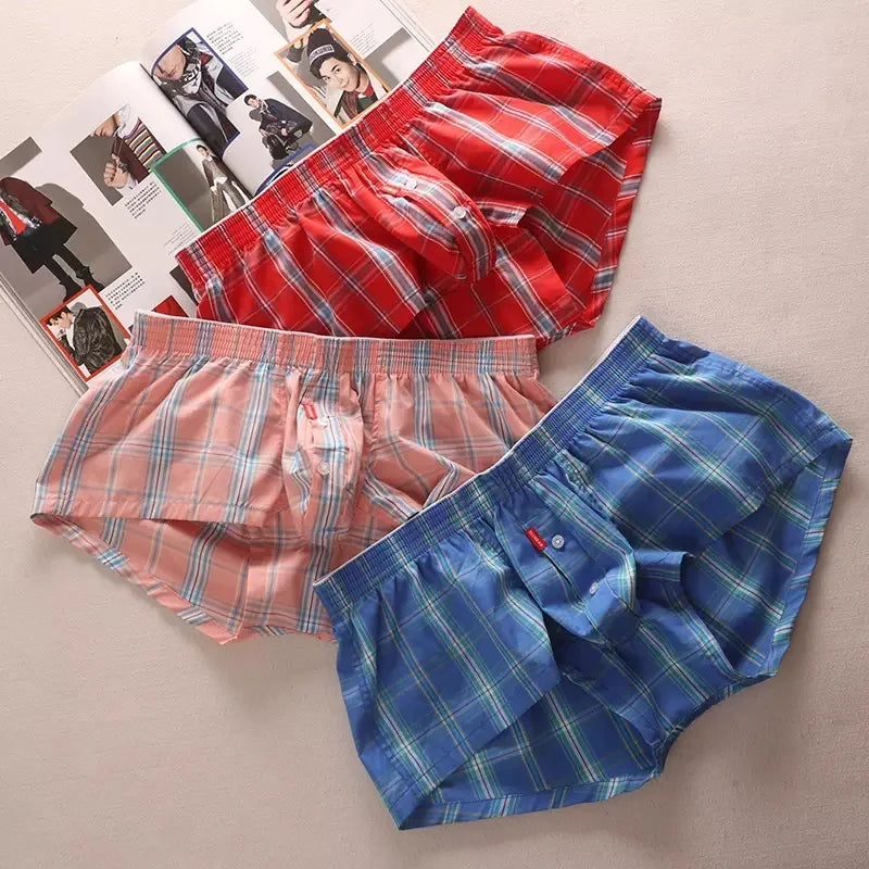 SEOBEAN MENS SEXY COTTON SHORTS HOME COMFORT CHECKERED FIT TRUNKS