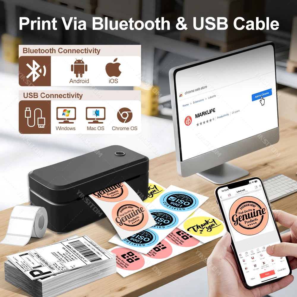 110mm Bluetooth Thermal Label Printer Wireless Shipping Label Printer Compatible with iPhone Android Windows Widely Used X4