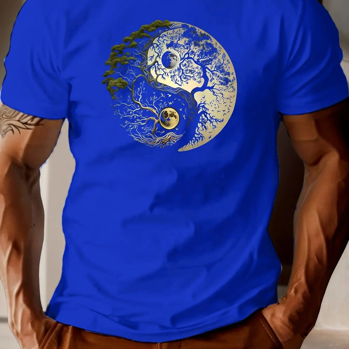 Men's Summer 100% Pure Cotton Casual Loose Sports T-Shirt Yin-Yang Tree Pattern Print round Neck Short-Sleeved Top