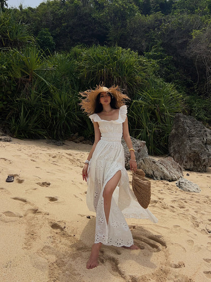 White Embroidered Hollow Out Dress For Women'S Summer Strapless Square Neck With A Unique Open Back Design, Slim Fit Long Skirt