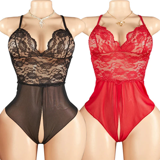 One Pieces Bodysuit Plus Size Women Lace Jumpsuit Erotic Outfits Sexy Backless Romper Deep V Open Bra Crotchless Teddy Bodysuits