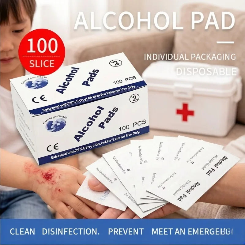 First aid box essential, 75% alcohol swabs 100 pieces per pack, skin wound disinfection and cleaning supplies