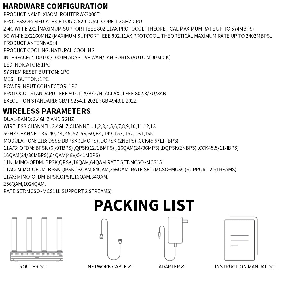2024 NEW Original Xiaomi AX3000T Router 2.4GHz 5GHz 1.3GHz CPU 2X2 160MHz WAN LAN LED NFC Connection for Home Office Games Mi