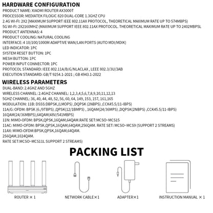 2024 NEW Original Xiaomi AX3000T Router 2.4GHz 5GHz 1.3GHz CPU 2X2 160MHz WAN LAN LED NFC Connection for Home Office Games Mi