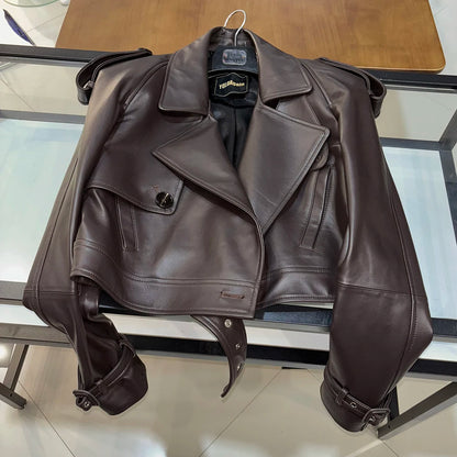 YOLOAgain Wide Shoulder Real Leather Jacket Women Oversized Genuine Leather Cropped Jacket