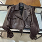YOLOAgain Wide Shoulder Real Leather Jacket Women Oversized Genuine Leather Cropped Jacket