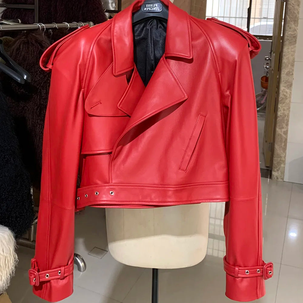 YOLOAgain Wide Shoulder Real Leather Jacket Women Oversized Genuine Leather Cropped Jacket