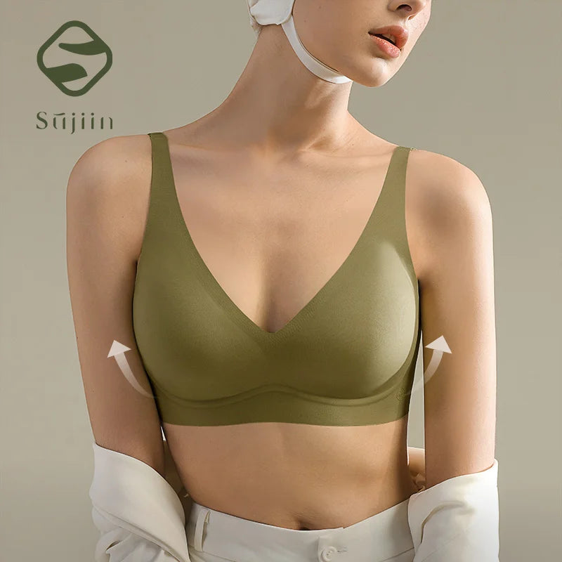 SUJIIN Sexy Seamless Wireless Bras for Women Push Up Padded Soft Support Invisible Lift V Neck Bralette Smooth Bra Female MX208