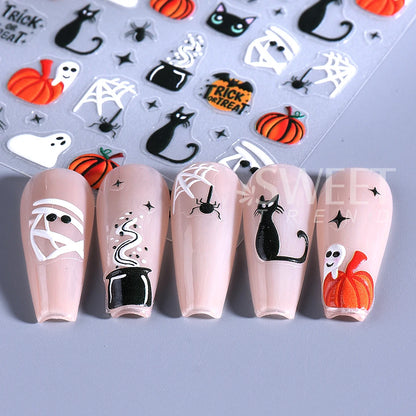 1/3pcs 3D Halloween Nail Stickers Pumpkin Ghost Spider Skull Design Bow  Flower Cute Cat Adhesive Slider Decals Manicure Decor