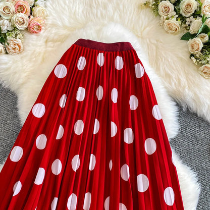 2026 Pleated Skirt Elastic Waist Polka Dot Fashion Printed Slim Pleated Skirt Women's Summer New Beach Vacation Mid-length Skirt