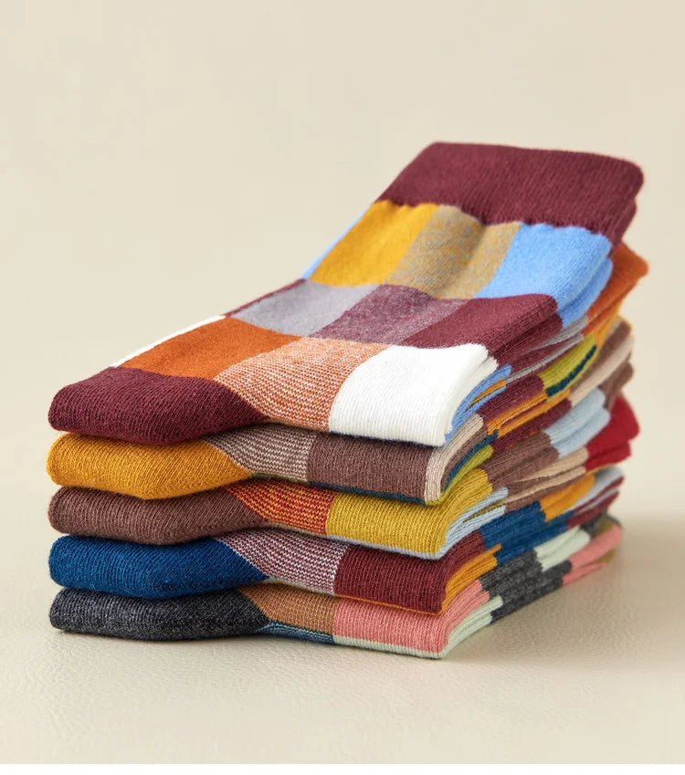 5 Pairs Combed Cotton Men's Socks Outdoor Party Compression Socks Fashion Colorful Square And Stripe Happy Dress Socks Men