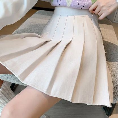 Autumn Winter Woolen Pleated Skirts Women New Korean High Waist Slimming Mini Skirt Ladies Preppy Style Side Zipper A-Line Skirt