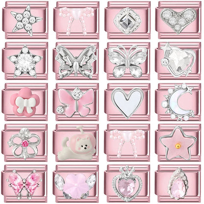 Pink Color Y2K Butterfly Star Bow Rabbit Heart Pendant Italian Charm Links Fit 9mm Stainless Steel Bracelet DIY Making Gifts
