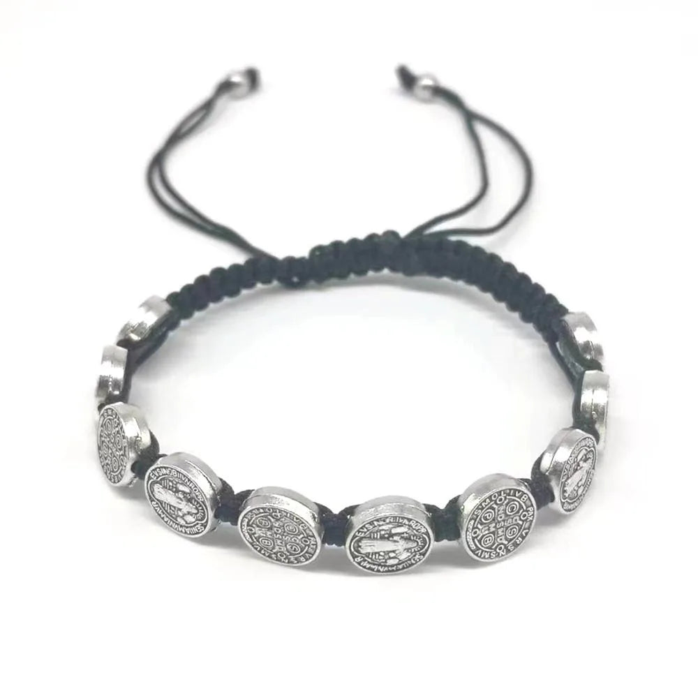 Vintage Virgin Mary and Jesus Exorcist Holy Card Hand Woven Adjustable Bracelet for Men's Religious Jewelry