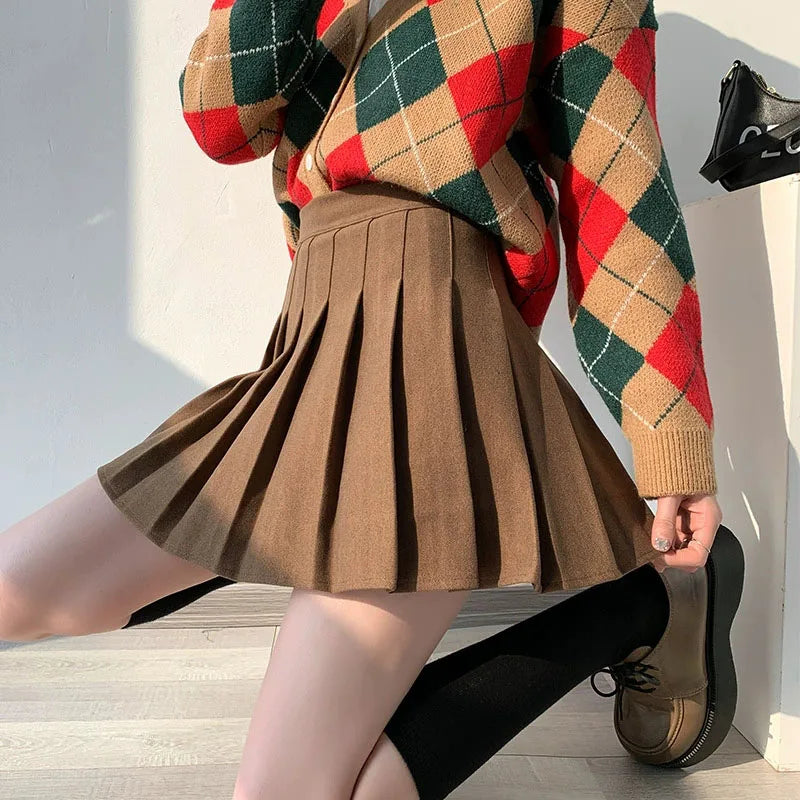 Autumn Winter Woolen Pleated Skirts Women New Korean High Waist Slimming Mini Skirt Ladies Preppy Style Side Zipper A-Line Skirt