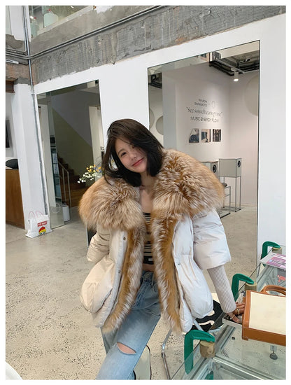 Oversized Winter Warm Real Fox Fur Collar Black Down Coat Women Puffer Outerwear Jackets 2024 Autumn Winter
