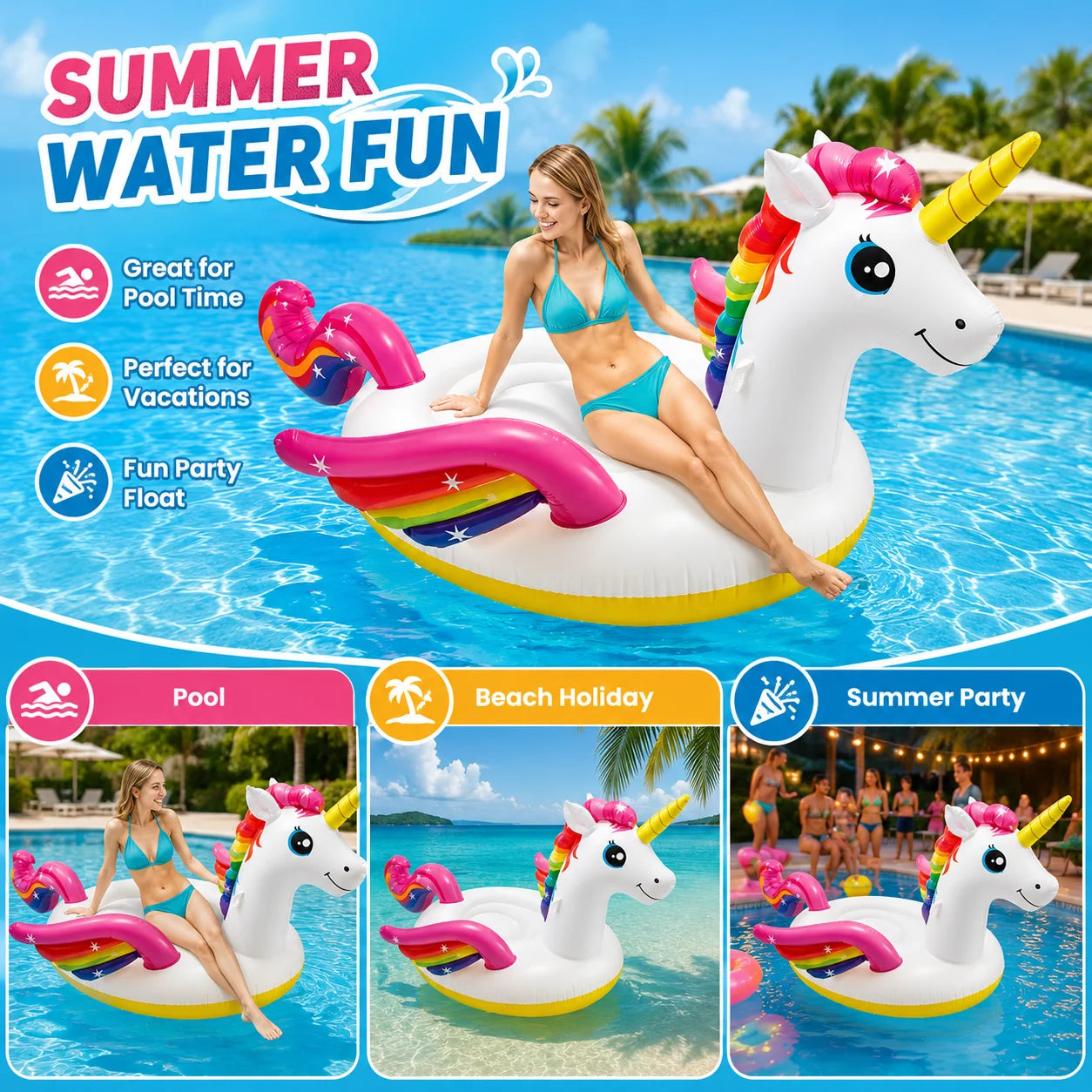 INTEX Mega Unicorn Inflatable Pool Float Large Ride-On Swimming Island Rainbow Unicorn Water Lounger for Adults Summer Pool Party