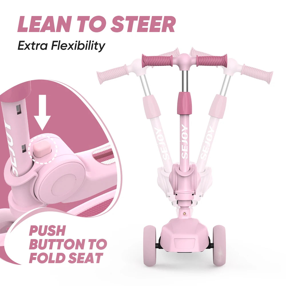 Sejoy Kick Scooter for Kids with 3-Wheeled Adjustable Lean-to-Steer Handlebar Foldable Seat - Sit or Stand Ride with Brake