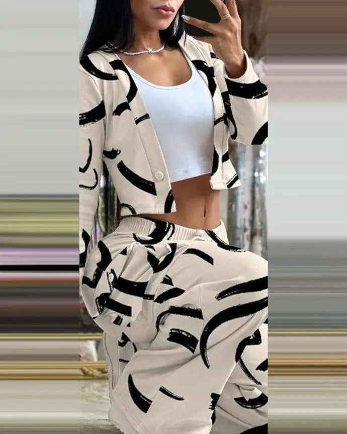 Autumn Fashionable And Elegant Solid Color Women's Suit Long-sleeved V-neck Short Coat Pocket Wide-leg Drawstring Trousers Suit
