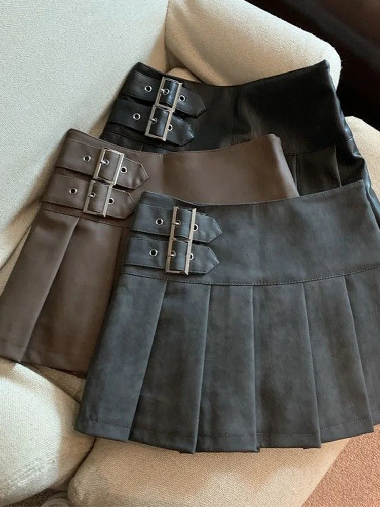 S-3XL Y2K Pu Leather Mini Skirts Women Streetwear High Waist Pleated Skirt Vintage Korean Black Slim Casual A Line Skirts