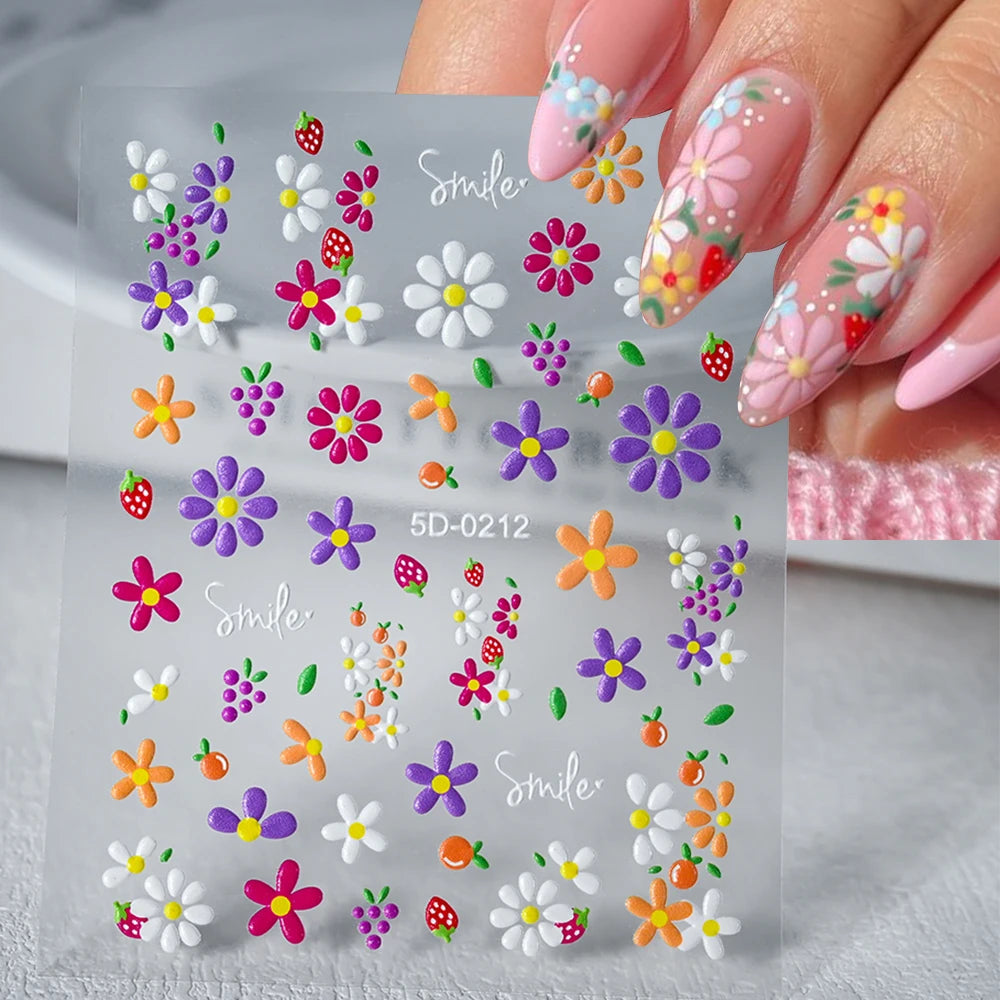 1PC 5D Macaron Flower/Fruit Nail Charms Sticker Embossed Bear/Rabbit/Letter Nails Slider Decals Summer Adhesive Manicure Decor&Y