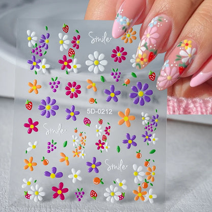 1PC 5D Macaron Flower/Fruit Nail Charms Sticker Embossed Bear/Rabbit/Letter Nails Slider Decals Summer Adhesive Manicure Decor&Y