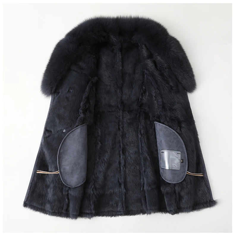 Aorice Women Real Rabbit Leather With Fur Coat Jacket Brand New Female Winter Fox Collar Trench Parka CT189