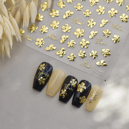 Gold Leaf White Flower Bouquet Floral Petal Tulip Bloom Charming Retro Metal Self Adhesive 5D Nail Art Sticker Manicure Decals