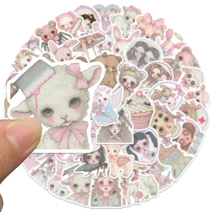 50PCS Pink Creepy Girl Stickers Gothic Horror Decals Bizarre Graffiti Art for DIY Decoration