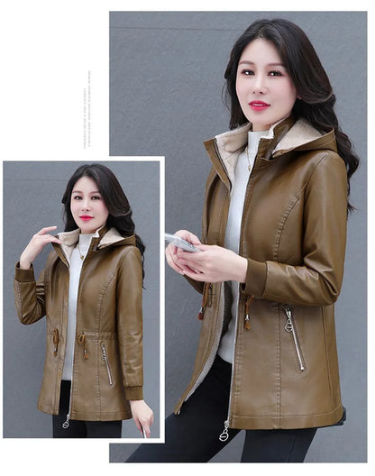 Winter Coat New Fashion Soft Leather Clothes Women's Long Sheep Leather Jacket Plus Velvet Padded Warm Coat