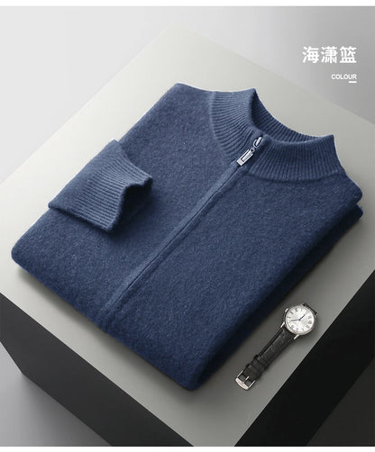 100% Merino Wool Two-piece Suit for Men Autumn Winter Knitting Zipper Cardigan and Slim-fit Pants Warm Thickened Clothing Sets