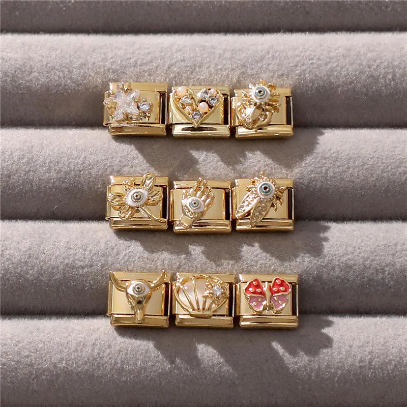 Hot Zircon Rose Flowers Heart Pearl Bowknot Cherry Pendant Italian Charm Links Fit 9mm Stainless Steel Bracelet Women DIY Making