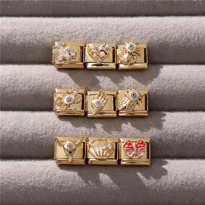 Hot Zircon Rose Flowers Heart Pearl Bowknot Cherry Pendant Italian Charm Links Fit 9mm Stainless Steel Bracelet Women DIY Making