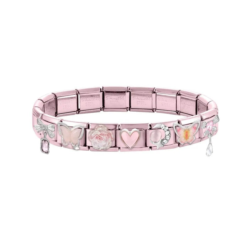 2025 New Women Romantic Pink Cherry Heart Shiny CZ Italian Charm Links Fit 9mm Bracelet Stainless Steel DIY Making Jewelry Gifts