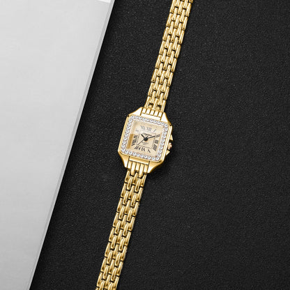 Elegant Rhinestone Square Women Watches Fashion Roma Dial Quartz Wristwatch Reloj Mujer Ladies Clock (Without Box)