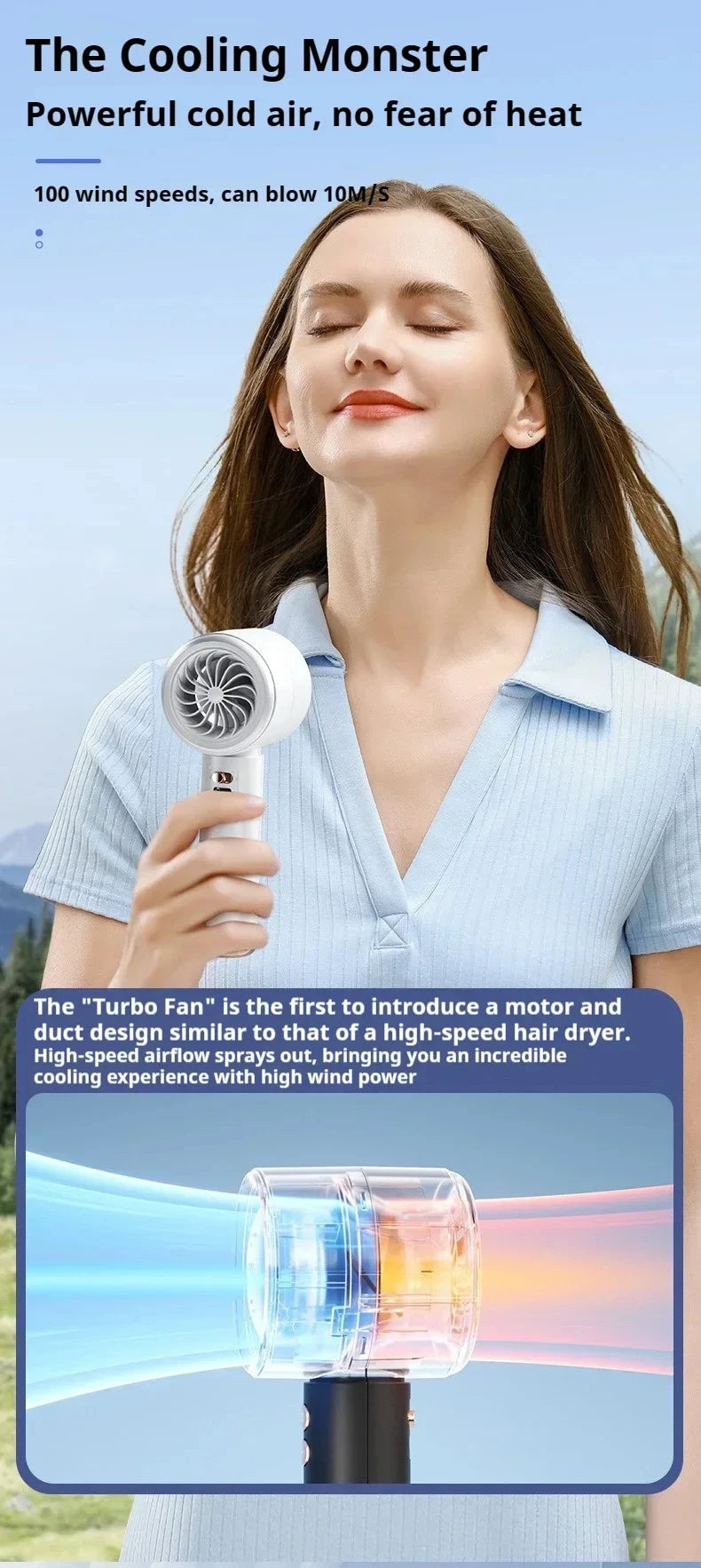 Lenovo Portable Handheld Turbo Fan 100-Speed Adjustable High Speed Cooling Fan USB Rechargeable Quiet Personal Fan for Travel