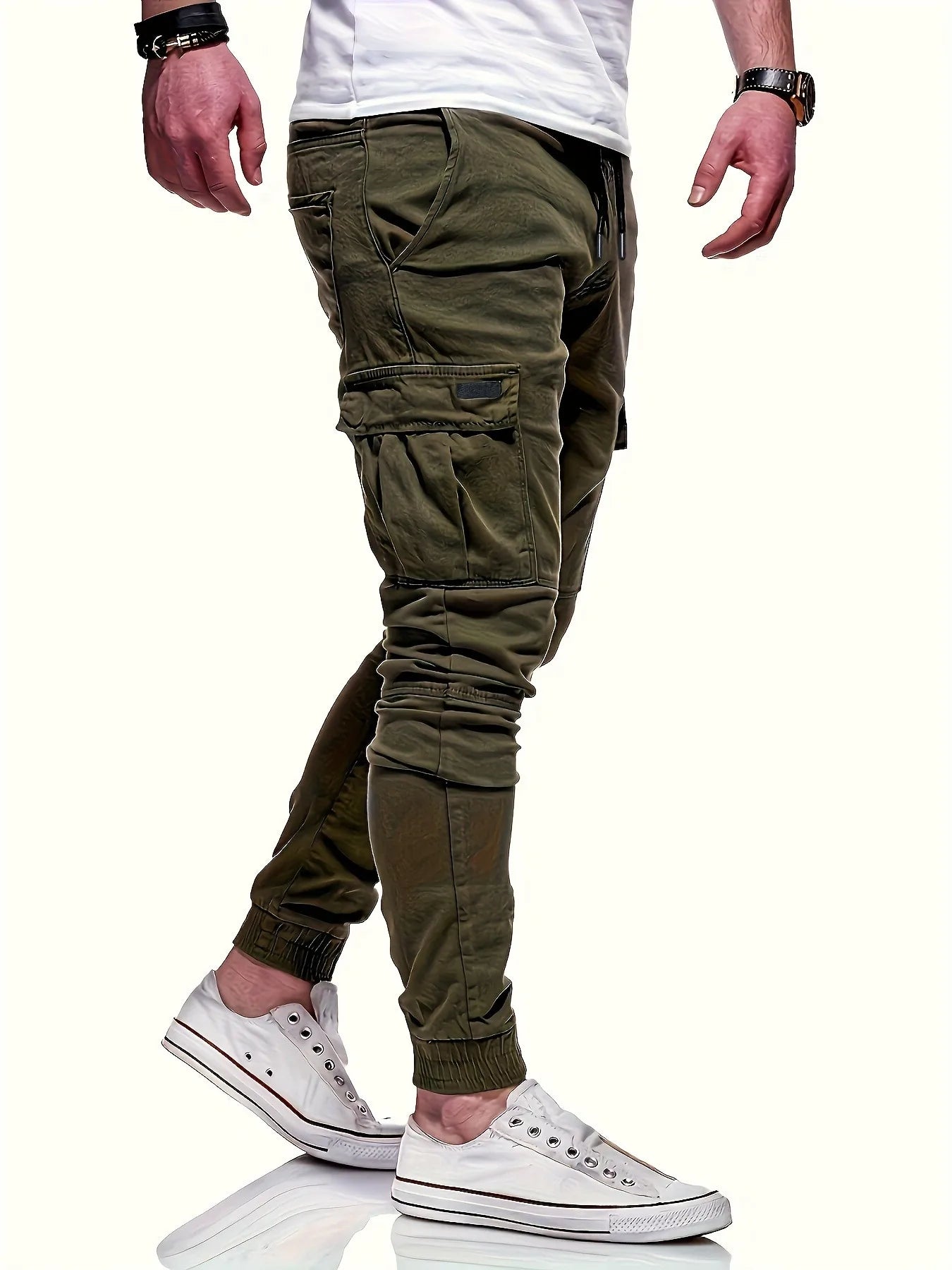Men's drawstring loose multi pocket work pants, spring and autumn outdoor, men's work pants