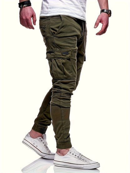 Men's drawstring loose multi pocket work pants, spring and autumn outdoor, men's work pants