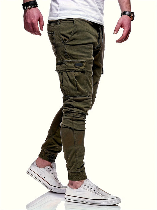 Men's drawstring loose multi pocket work pants, spring and autumn outdoor, men's work pants