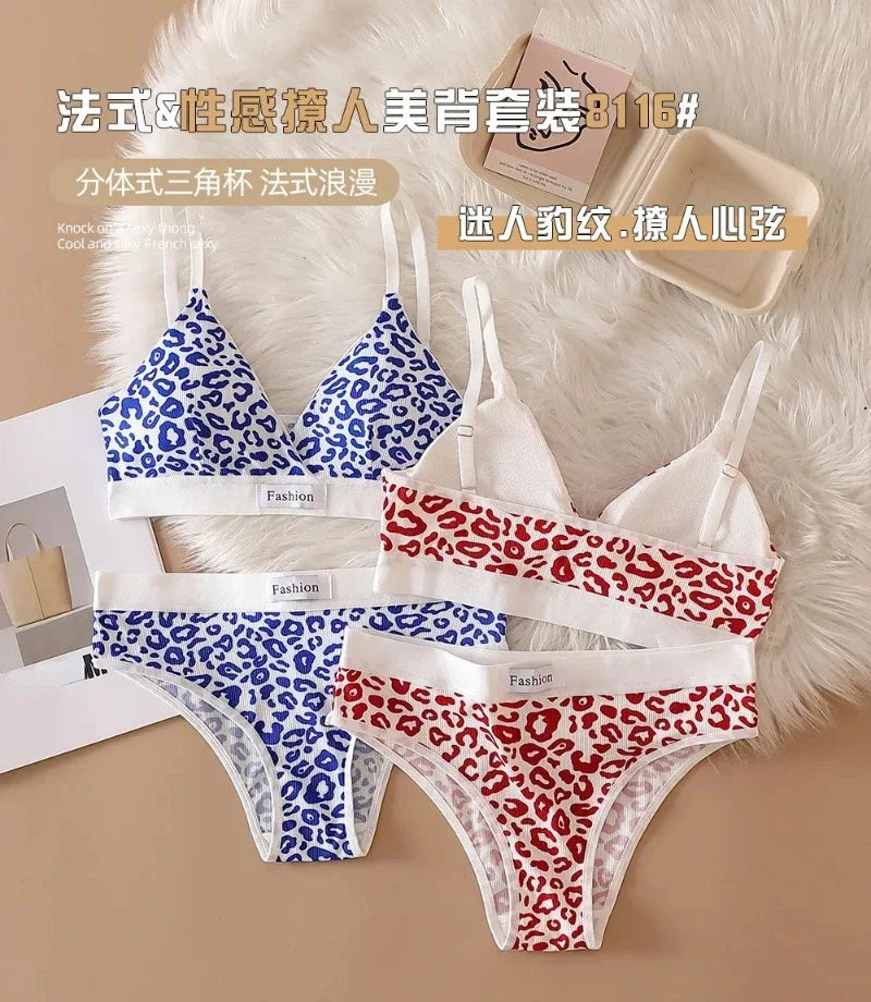 Summer New Women's Leopard Print Traceless and Steel Rim Bra Adjustable Shoulder Strap Back Women's Underwear Set