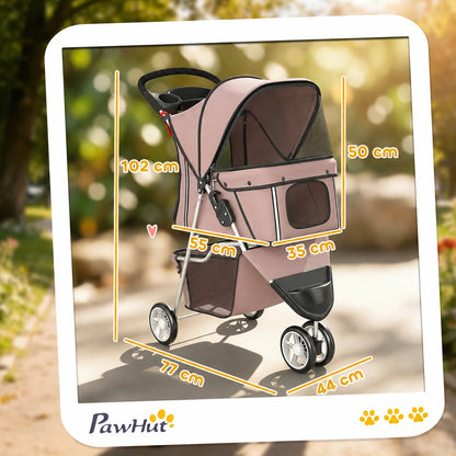 Dog Stroller Foldable Pet Stroller with Adjustable Canopy, Breathable Mesh Windows, Storage Basket, Cup Holder and Rear Brake, Lightweight Travel Carrier Pushchair for Small Dogs, Cats and Mini Breeds, Coffee