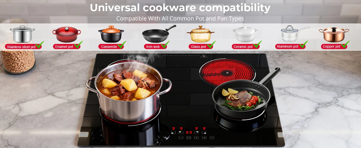 6000W Built-in Ceramic Hob, 4 Zone Induction Cooktop with Touch Control, 9 Power Levels, Timer & Child Lock, 60cm Black Glass