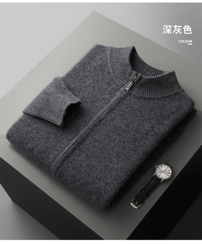 100% Merino Wool Two-piece Suit for Men Autumn Winter Knitting Zipper Cardigan and Slim-fit Pants Warm Thickened Clothing Sets