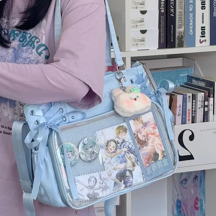 College Style Crossbody Bag with Ribbon Large Capacity for Class Book Carrying Mailman Bag Girls Bow JK Shoulder Ita Bag Handbag